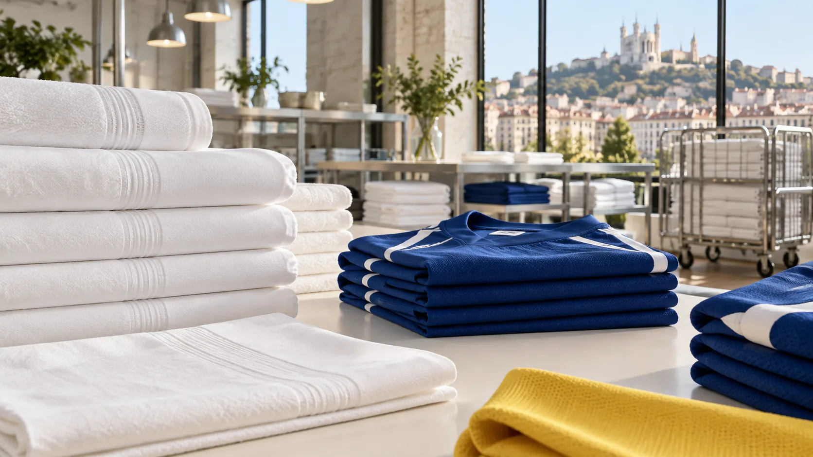Linge plié et maillots bleus