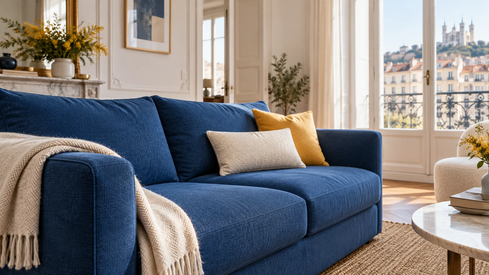Canapé bleu dans un intérieur lumineux